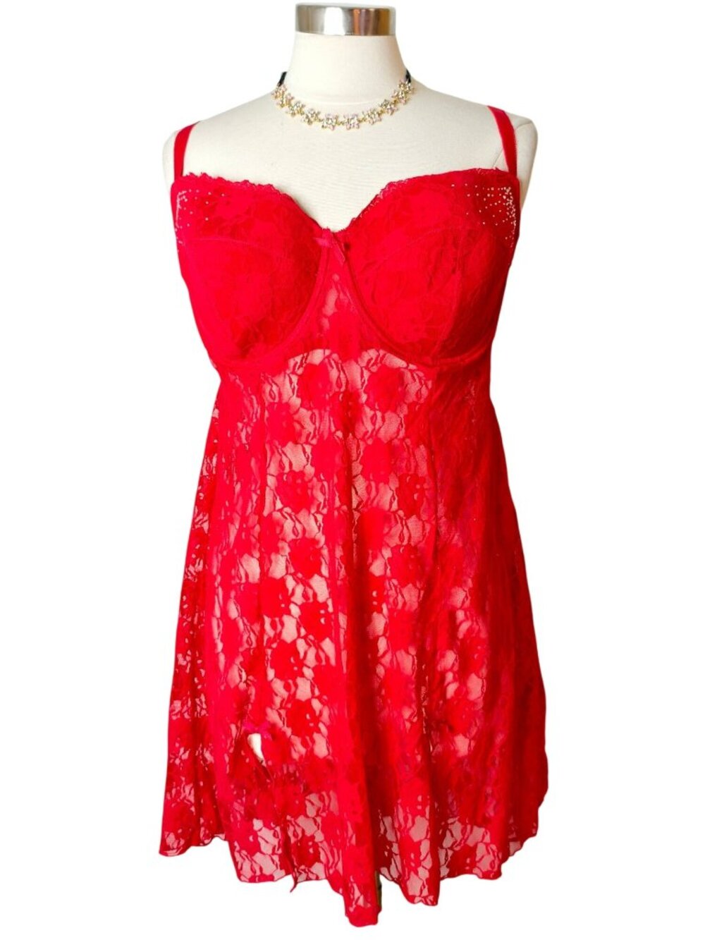 Smart & Sexy Womens 40D Babydoll Chemise Red Lace Rhinestone Back Closure Resort